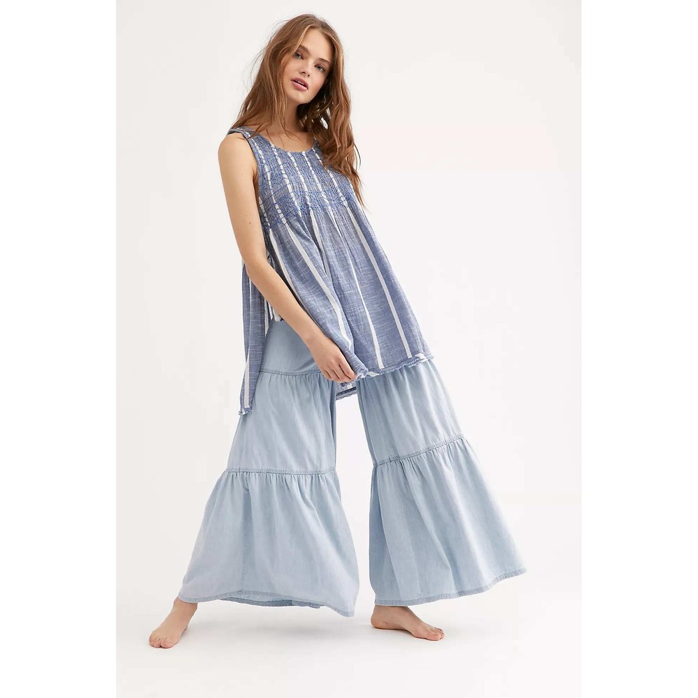 Free People Obi Posey Smocked Tank Top Striped Boho Hippie M Blue White Fringe